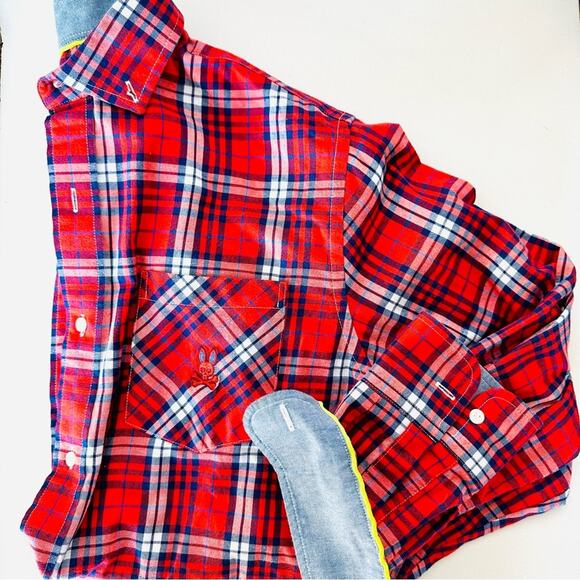 NEW PSYCHO BUNNY Blue Red White Plaid Flannel Print Button Long Sleeve Shirt M - Picture 2 of 9